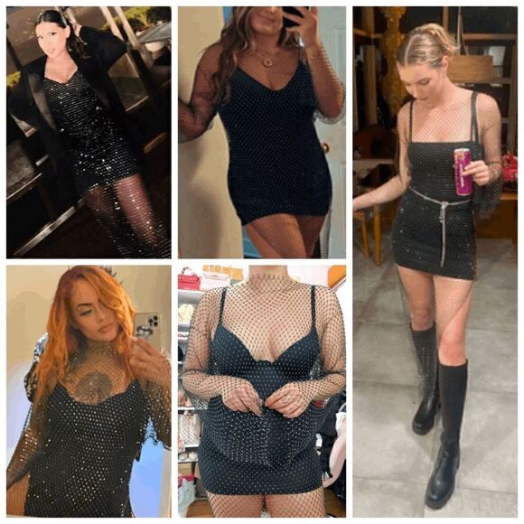 ✨💎 NWT Rhinestone Crystal Diamond Fishnet Mesh Sheer Long Sleeve Maxi Dress L - Picture 10 of 17